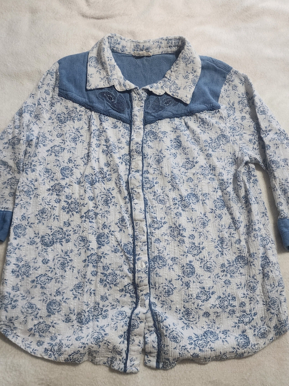Oddi Blue Floral Western Button Down Shirt Sz Large Chambray Accent Cottagecore